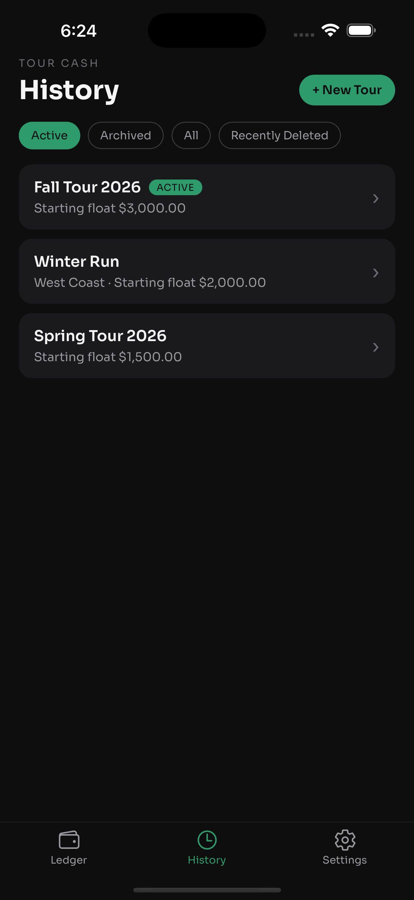 Tour Cash history across tours
