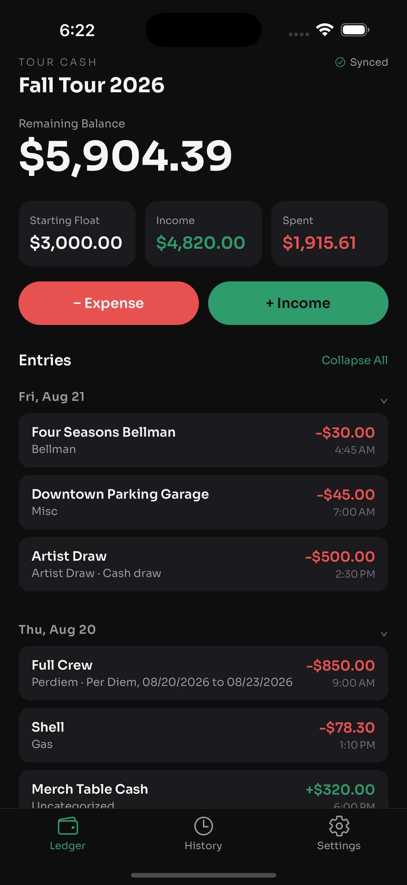 Tour Cash ledger with running balance